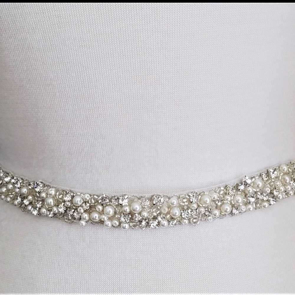 Rhinestone and Pearl Beaded bridal belt with off white ribbon.